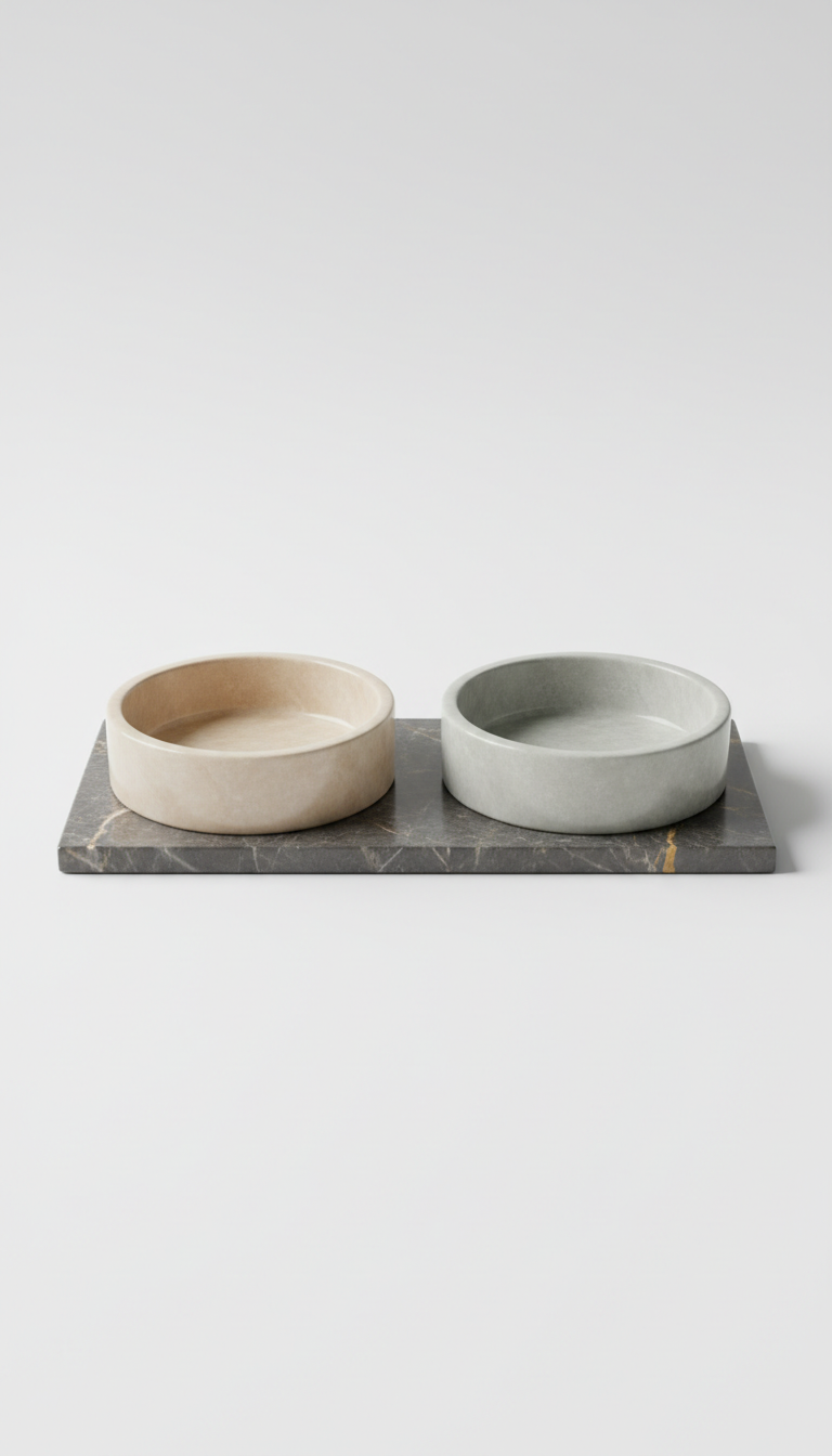 Polished Marble Cat Food Bowl Set